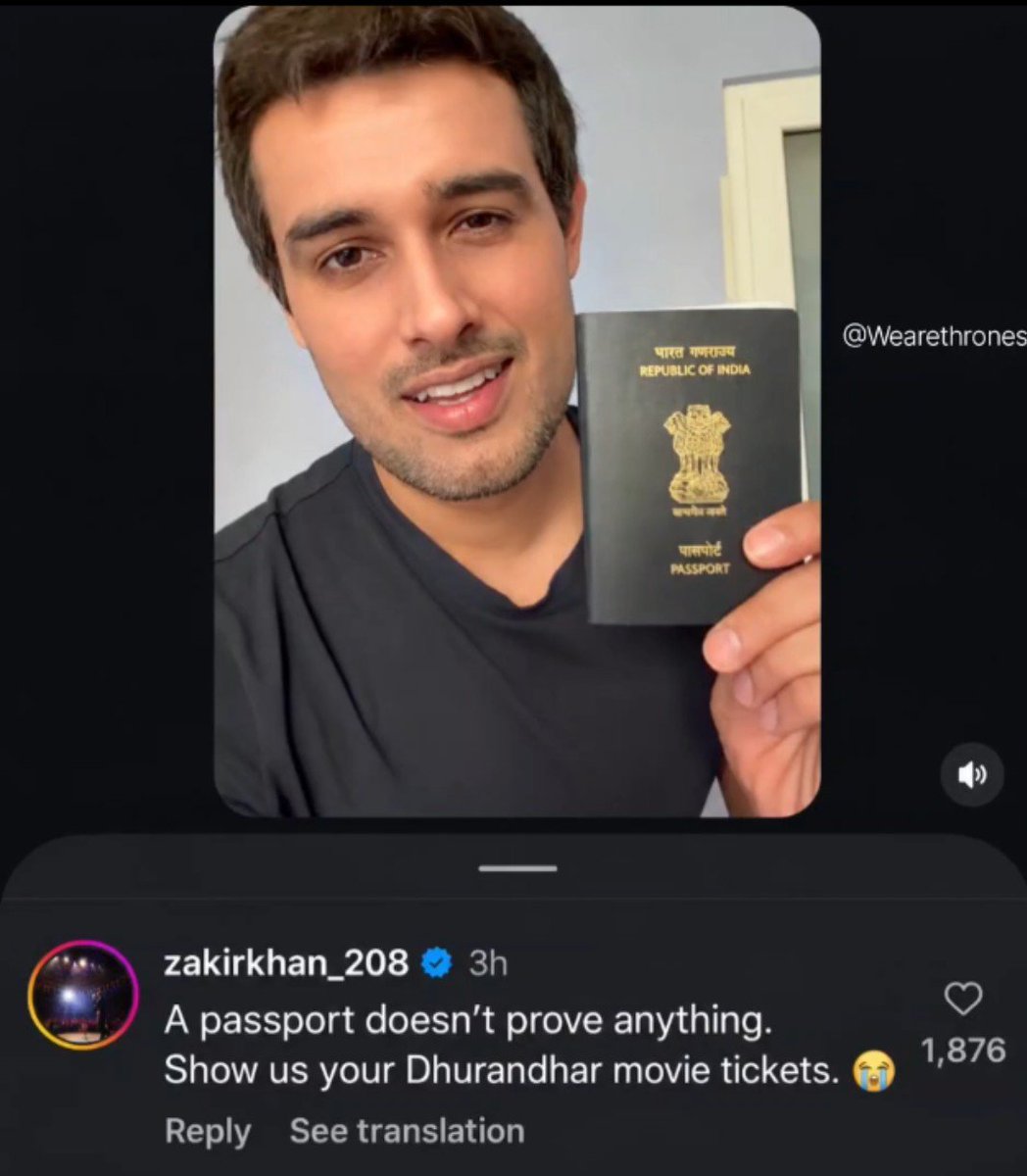 ummmr_'s tweet photo. How dumb bjp andhbkhats are, zakir khan ne sarcasm mae comment karke unko troll kia dhurandhar ko bjp walu ko lag raha hai dhruv rathee ko troll kia. 😂 https://t.co/VnsVJyiQx6