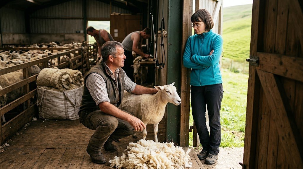 SamaHoole's tweet photo. Activist: Wool is cruelty. I haven't worn it in six years.

Farmer: What's the jacket?

Activist: Vegan fleece.

Farmer: What's it made of?

Activist: Recycled materials.

Farmer: Which materials?

Activist: Polyester.

Farmer: Oil, then.

Activist: Recycled oil.

Farmer: And when you wash it?

Activist: It goes in the machine like anything else.

Farmer: About half a million plastic fibres a load come back out. They go down the drain, into the river, into the fish. They've found it in blood, lungs, placentas and brains. Who's that cruel to?

Activist: At least nothing was held down and shaved for it.

Farmer: She gets a haircut once a year. Takes about two minutes. If I don't do it she overheats, gets maggots under the fleece and dies. Then she walks off and grows another one out of grass.

Activist: She can't consent.

Farmer: No. She's a sheep. Did the fish?

Activist: That's different.

Farmer: It is. Mine rots in a field in a year. Yours will still be here when the pair of us are archaeology.

Activist: So what am I supposed to wear?

Farmer: She's got a jumper going spare every June. Nobody else wants it.