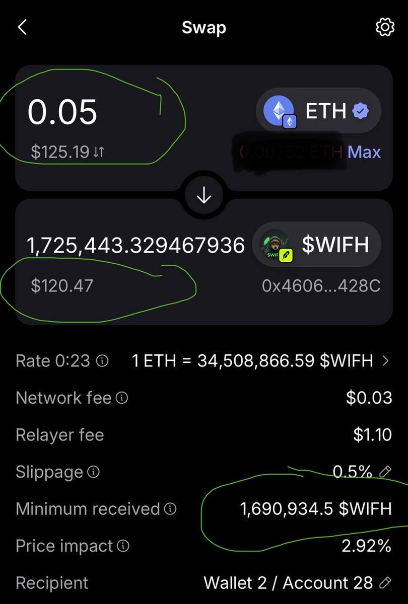 DOGWIFH00D's tweet photo. Same 0.05 ETH. More $WIFH.
Users have been asking what makes our swap better 

We compared:👇👇

🟩 DOGWIFHOOD SWAP
0.05 ETH → 1,743,508 $WIFH ($122.67)
Impact: 0.23% | Fee: $0.01 | Min: 1,734,791

🦄 UNISWAP
0.05 ETH → 1,725,443 $WIFH ($120.47)
Impact: 2.92% | Fee: $1.13 | Min: 1,690,934

Result: +18,065 MORE $WIFH (+$2.20) on our swap.

Lower impact. Lower fees. More tokens.

Try it: https://t.co/epyPPLapD6

#WIFH #RobinhoodChain