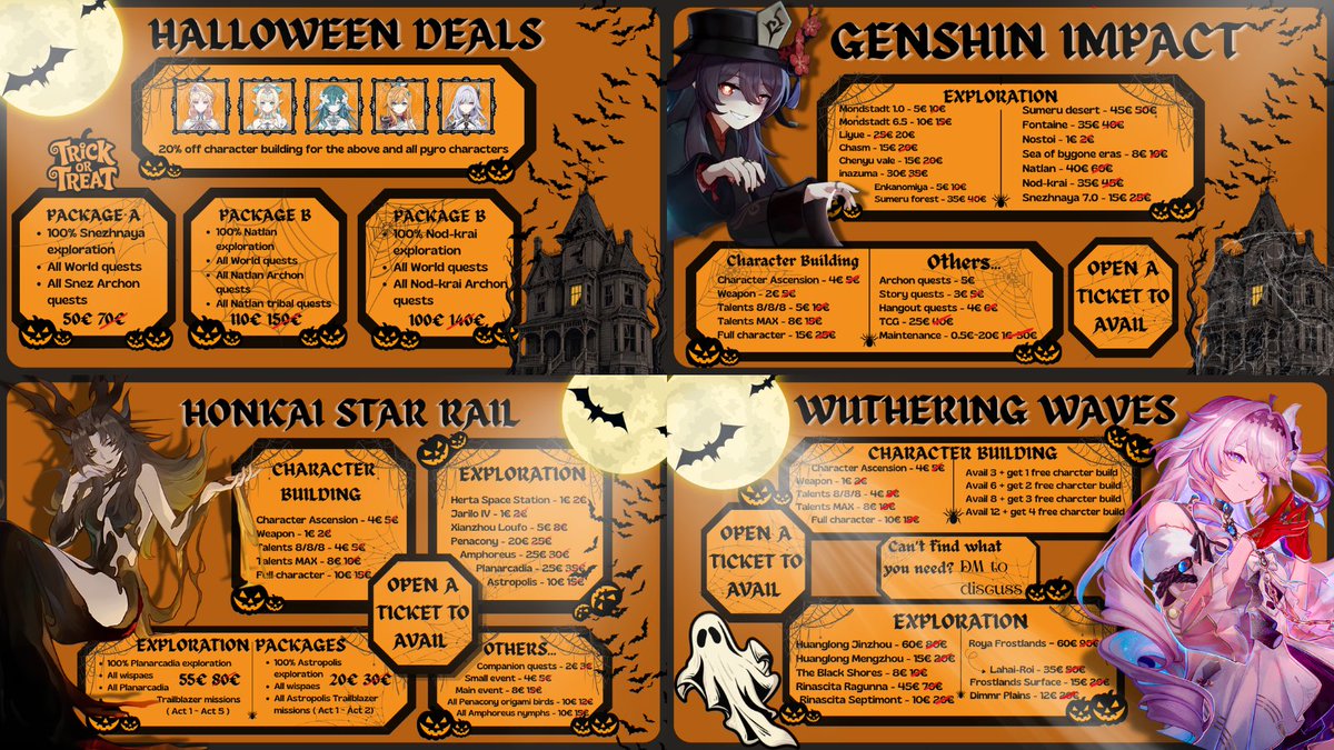 komilai7's tweet photo. ․  ·  ϟ 🎃 HALLOWEEN DEALS 🎃 ϟ  ·  ․
up to 50% off exploration + character building &amp; more for genshin, hsr &amp; wuwa 🕸️

DM or open a ticket to avail now...🤍
╰› https://t.co/vWPuw8RKOs
────── ⋆⋅☆⋅⋆ ──────
🕷️ limited slots! 
rts are appreciated 🕯️... https://t.co/KBT5ZPnwm0