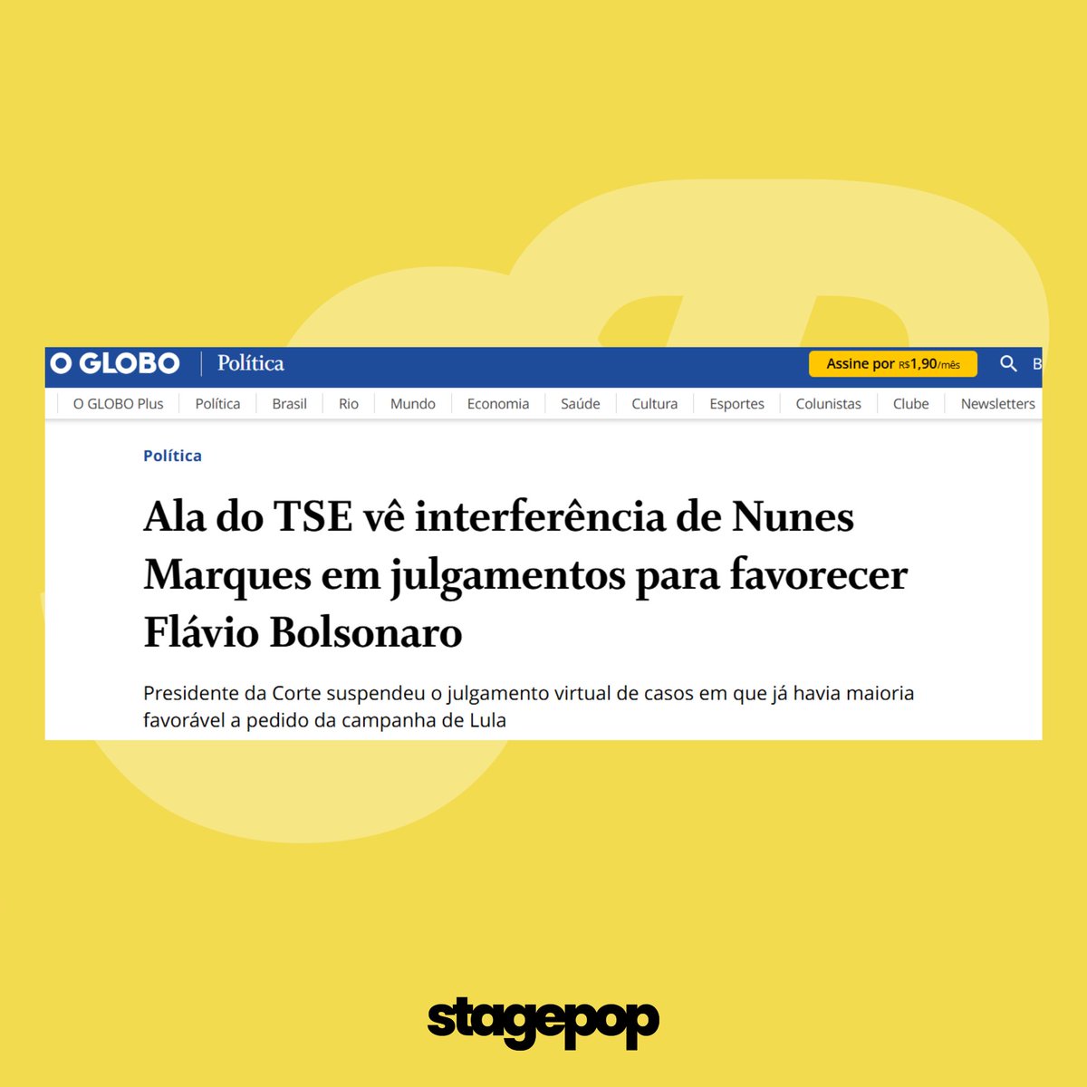 stagepopbr's tweet photo. Reportagem do "O Globo" aponta que ala do TSE vê interferência do Ministro Nunes Marques em julgamentos para FAVORECER Flávio Bolsonaro. https://t.co/QfdJd6OwLr