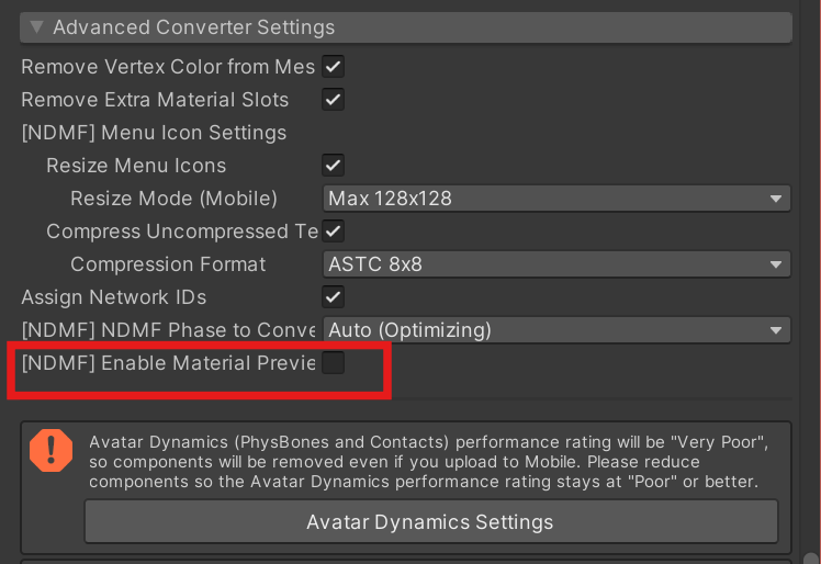 kurotu's tweet photo. @AzureLightAD Thank you for reporting! It seems that Unity's build target might currently be set to Android. In that case, AvatarConverterSettings shows Android materials in the scene. Could you try turning off the "Enable Material Preview" toggle? https://t.co/4Rk6JkByzk