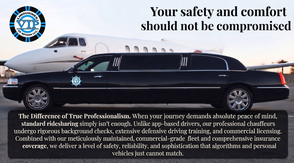 VIPLimosLV's tweet photo. Elevate Your Standard of Travel. Experience the difference between a ride-share "driver" and a professional-grade, trained chauffeur. Rideshares are for convenience not making a statement of professionalism. "Your" privacy discretion, and "your" perfection matter. https://t.co/TL974hNaTS