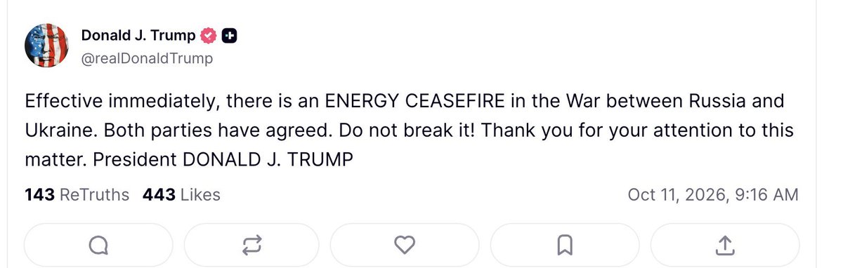 Faytuks's tweet photo. Trump claims that an energy ceasefire has been agreed in the war between Russia and Ukraine effective 'immediately' https://t.co/OEtmNRdBRj