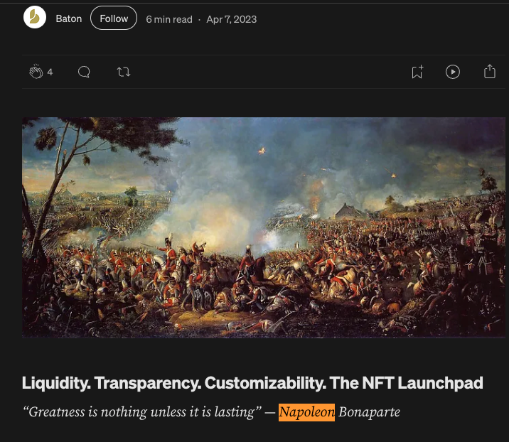 laeseem's tweet photo. GUYS I FOUND THE RIGHT MASCOT OF BATON:
https://t.co/8JFHdZdlKG

So in their previous article from 2023, they mention Napoleon 4 times and only use its images

They used to have Napoleon quotes as their slogan:
https://t.co/xX76nazFq4

NAPOLEON WAS THEIR DEVELOPER HANDLE ASWELL:
https://t.co/XWQiSnsObh