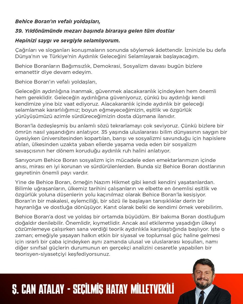 atalay_my's tweet photo. 11.Ekim.2026 Behice Boran anmasına Şerafettin Can Atalay’ın mesajı https://t.co/w55IBnt4eS