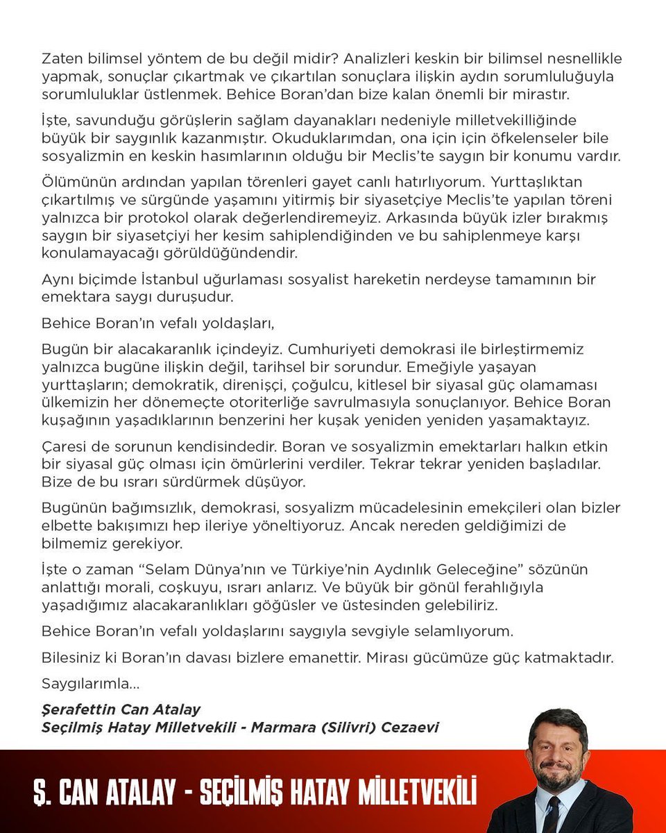 atalay_my's tweet photo. 11.Ekim.2026 Behice Boran anmasına Şerafettin Can Atalay’ın mesajı https://t.co/w55IBnt4eS