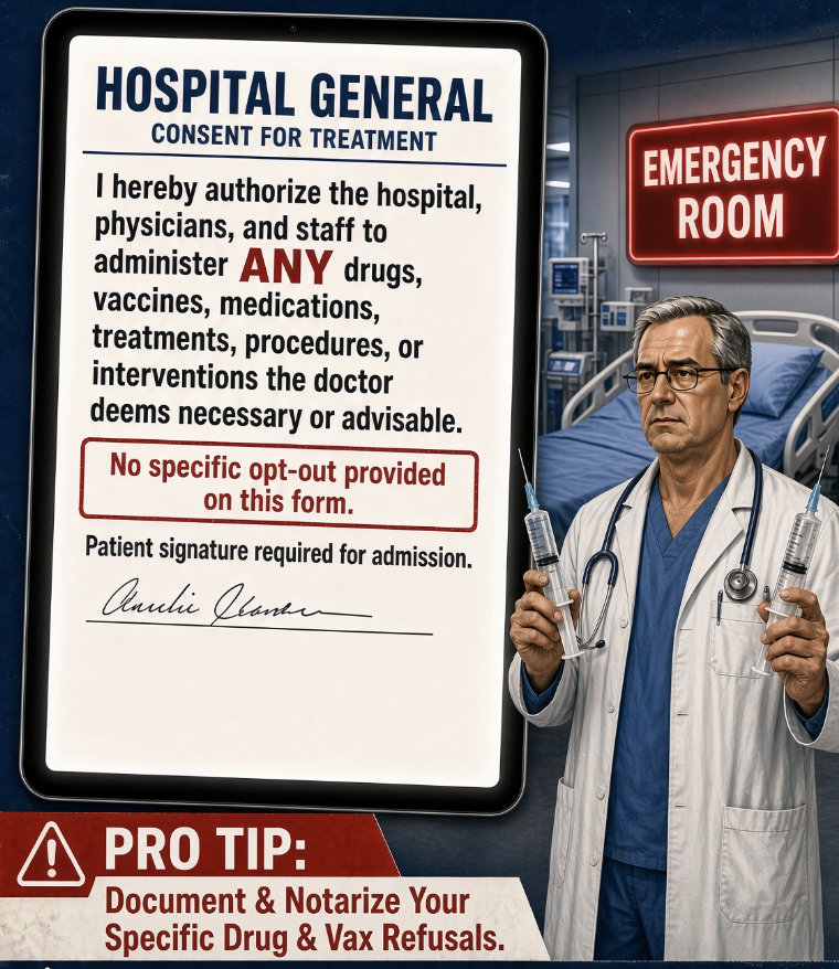 ourptrights's tweet photo. 🚨 Warning: Signing standard hospital admission paperwork—or simply being admitted as a patient—can be treated as giving blanket consent for treatments the doctor deems necessary.

Fortunately, a Hospital Insider (JD, RN) created the exact form she used for herself during COVID to document specific refusals in advance. 

She has made it available so others can preemptively block unwanted vaccines, drugs, and treatments: https://t.co/u86C3hAJG8

@DrMargaretShow