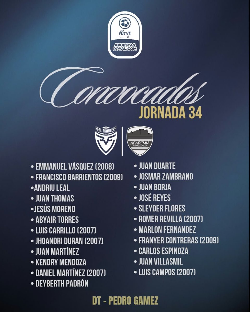 realfronterasc's tweet photo. 🔵🔴Los convocados para enfrentar esta tarde a Academia Puerto Cabello B por la Jornada 34 de la #LigaFUTVE2ApuestasRoyal⚔️🔥
#YoSoyReal #RealFrontera https://t.co/9VLWZGDH6N