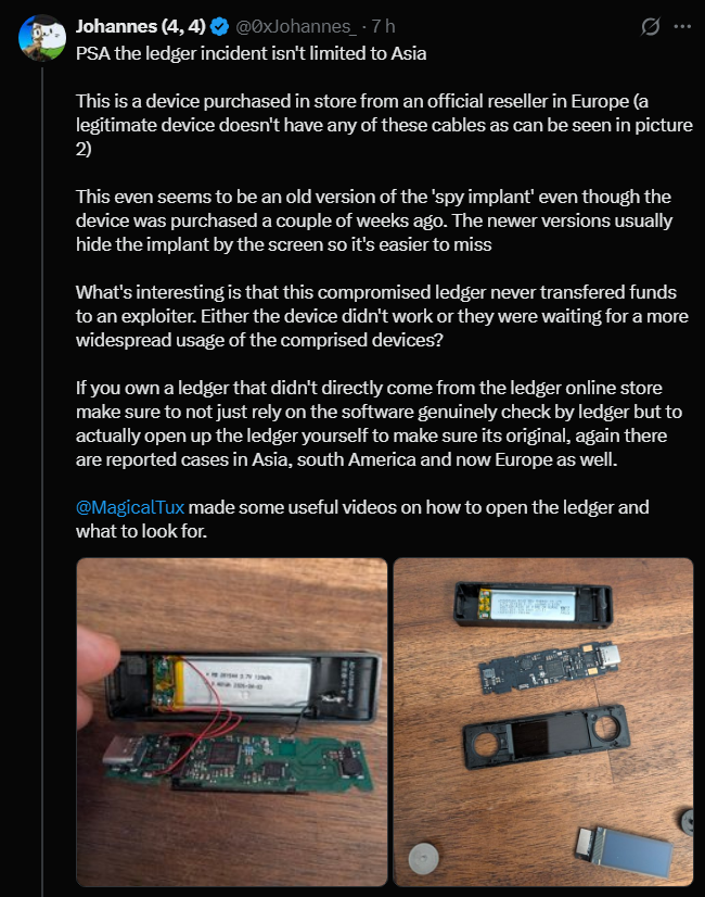 bitdov's tweet photo. 🚨 ATUALIZAÇÃO: O caso Ledger não se limita mais à Ásia

Novas evidências revelam que unidades adulteradas com implantes de espionagem foram encontradas na Europa, compradas em grandes redes varejistas físicas.

A crise da cadeia de suprimentos da Ledger acaba de se tornar global https://t.co/Jg9gXoBQgp