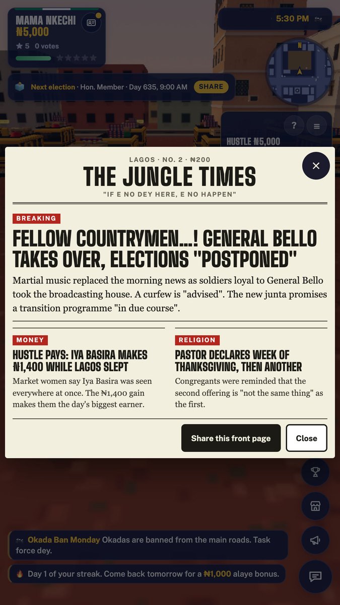 egwugamesng's tweet photo. Today's Jungle Times: "General Bello takes over, elections postponed" 📰 Every day the city writes its own news 👉 https://t.co/peMnTpFYME #NaijaGames https://t.co/QXWxZhpOoP