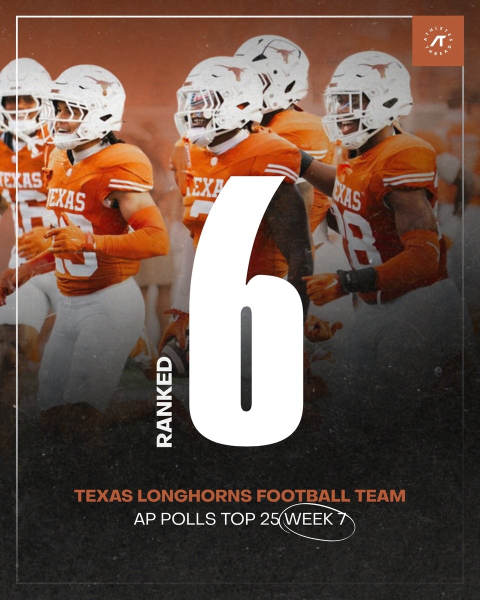 TexasThreadsNIL's tweet photo. 🤘 THE LONGHORNS ARE #6! 🏈🔥

Texas Football holds strong at #6 in the AP Polls Top 25 for Week 7! 🧡🤍 The Longhorns are locked in and ready to make their move. Can anyone slow down Texas? 👀

Rep the Longhorns and shop the collection now:

https://t.co/E86KBrYM3N

#HookEm https://t.co/h9ybYke3OJ