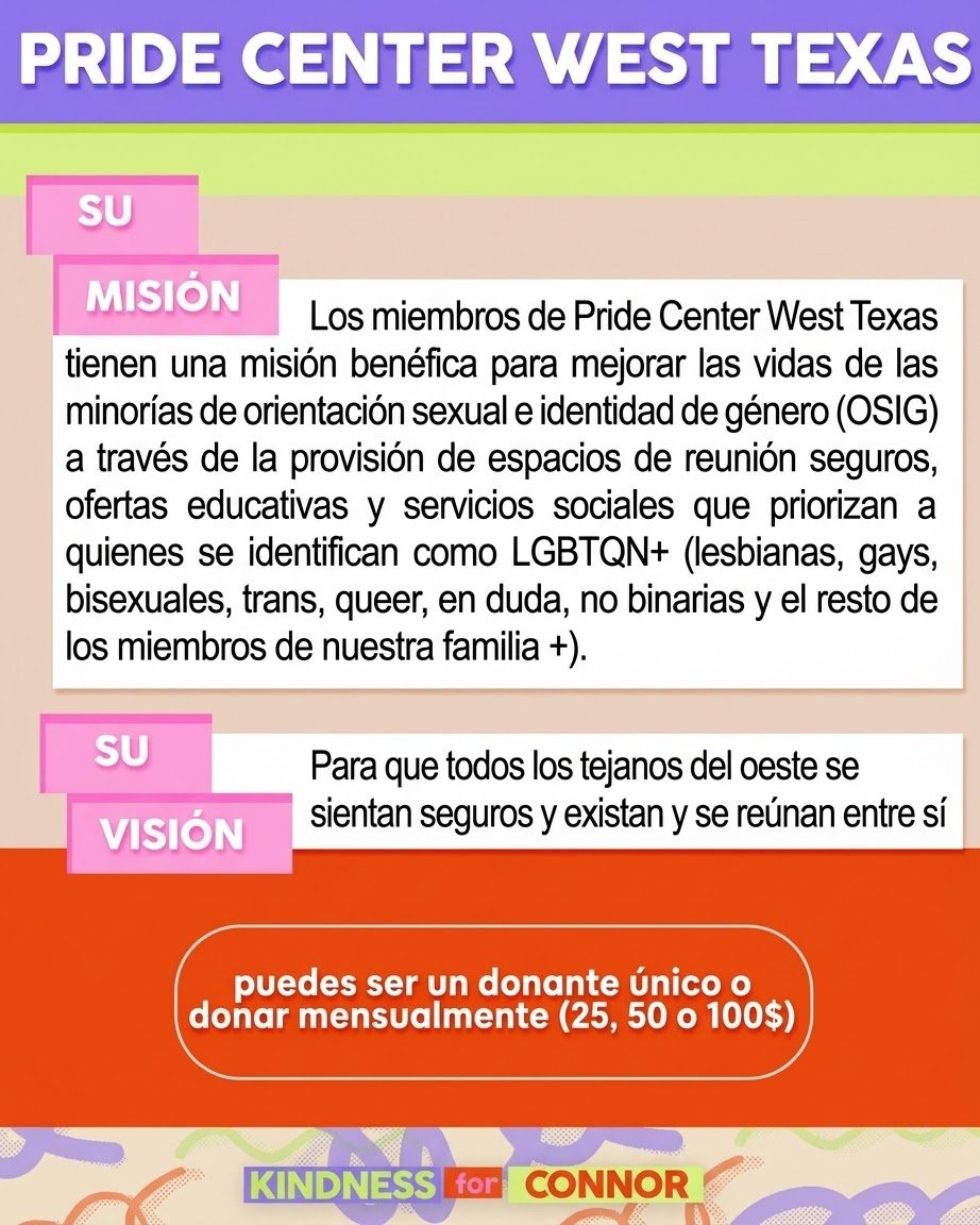 Connorstorriear's tweet photo. En honor al cumpleaños de Connor Storrie, una de las organizaciones que apoyamos es Pride Center West Texas, que mejora la vida de la comunidad LGBTQ+ en el oeste de Texas.

​Lee el mensaje de su director ejecutivo. 

​Doná acá ❤️
https://t.co/EMwMpe7Imj
https://t.co/szkzmaUYPH https://t.co/iMZipTiyLt
