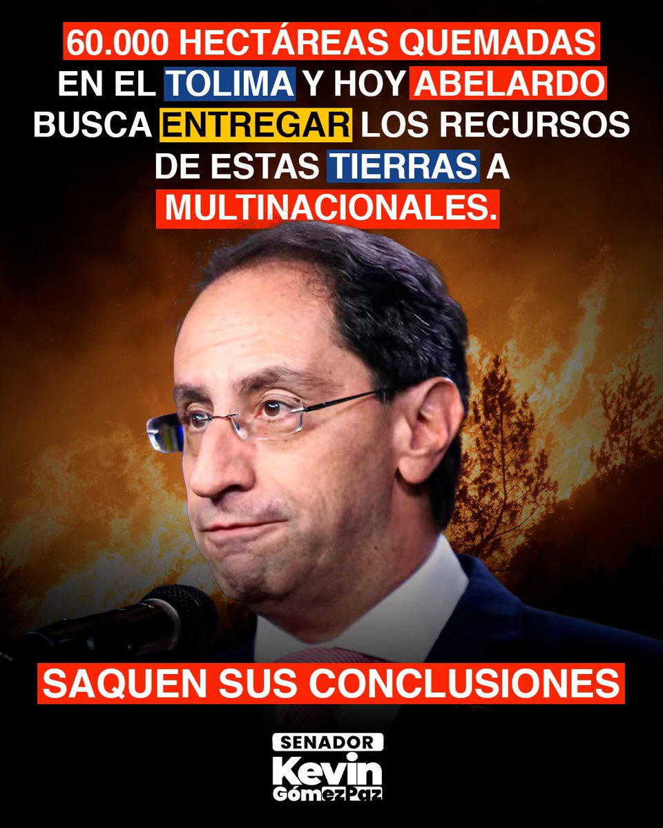 ckevingomez's tweet photo. Luego de incineradas 60.000 Hectáreas en el Tolima por incendios que hoy se comprueba fueron en un 90% provocados sale el proyecto de la “Patria Milagro” a anunciar un “plan estratégico” para que los minerales críticos que hay en estas tierras sean explotados por multinacionales extranjeras. 

Llevamos 2 meses notificándole al país que hay un presunto patrón criminal en el que coinciden solicitudes de títulos mineros reportados en la @ANMColombia y los focos de incendios reportados por el @IDEAMColombia.

Hoy en Colombia a la luz de los hechos habría una presunta estrategia para arrasar con fuego la vida de los territorios, cambiar el uso del suelo y entregar las mejores tierras de Colombia a la megamineria y el fracking que envenena nuestras fábricas de aguas y ríos con químicos mortales.