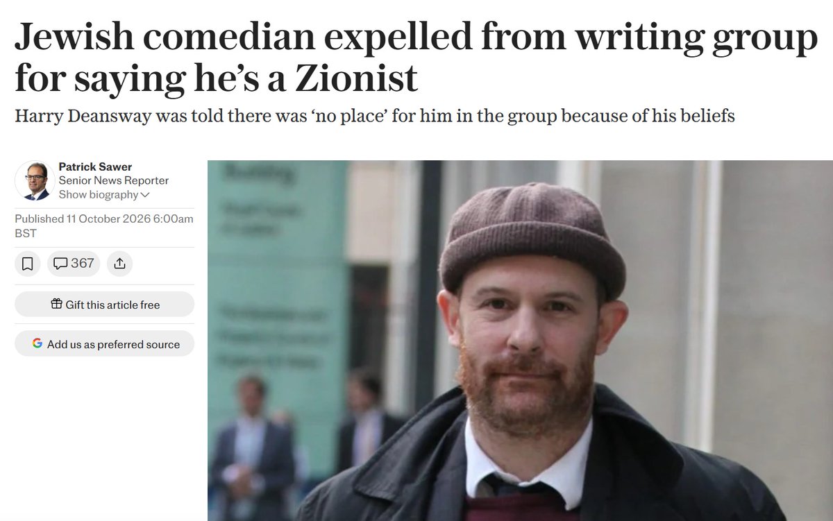 HenMazzig's tweet photo. Jewish comedian Harry Deansway was excluded from a north London writers’ group after an organizer questioned him on his beliefs about Israel. 

Deansway's response should not be the focus here.

Why was he, a Jewish comedian, singled out for a litmus test? https://t.co/UYOuclQZUJ