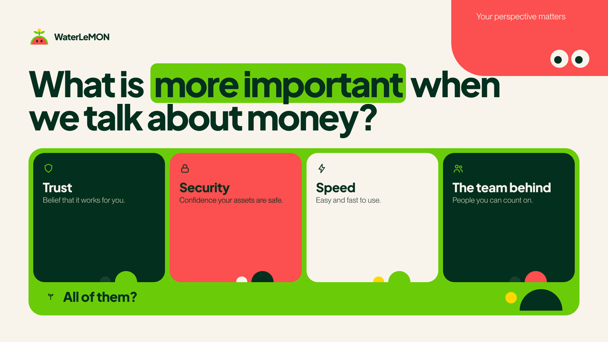 WaterLe_MON's tweet photo. Be honest. When you think about your money, what comes first? Trust, security, speed, or who’s behind it? Reply with your pick. https://t.co/BkW0RhXn0A
