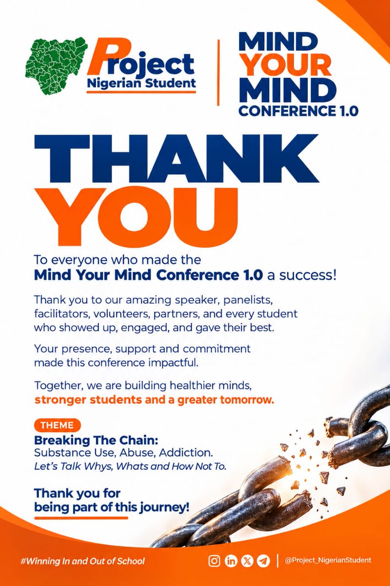 Project_Nig_Stu's tweet photo. THANK YOU!!!!!! 🙏🧡⛓️‍💥

MIND YOUR MIND CONFERENCE 1.0 was a HUGE success! 🎉

So many deep things were unpacked — from the Mind, to Medicine Misuse, to Breaking Free! 🧠✨

If you had any role to play, no matter how little — as a speaker, volunteer, attendee, sharer,...

1/3 https://t.co/R7yvFqcALH