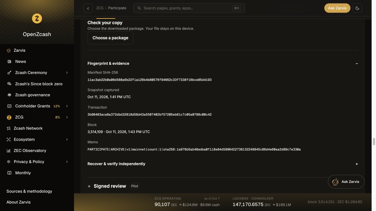 openzcash's tweet photo. Each receipt connects a record to a Merkle root anchored on Zcash. Changing the saved content breaks the proof.

Download files + receipt in Read &amp; verify. The commitment is on-chain; files must be retained.

Try it:
https://t.co/iZrxIRuwut https://t.co/Q1l0UKkZ4N