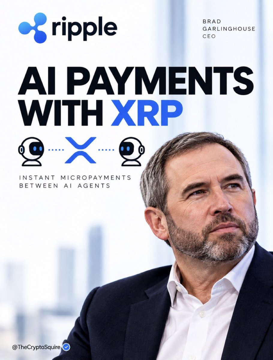 TheCryptiSquire's tweet photo. Ripple CEO Brad Garlinghouse says Bitcoin is too slow and expensive for certain payments.

He believes XRP can power something much bigger: AI agents paying each other through instant micropayments.

The next payments revolution may not involve humans. https://t.co/YdFHKelSnY