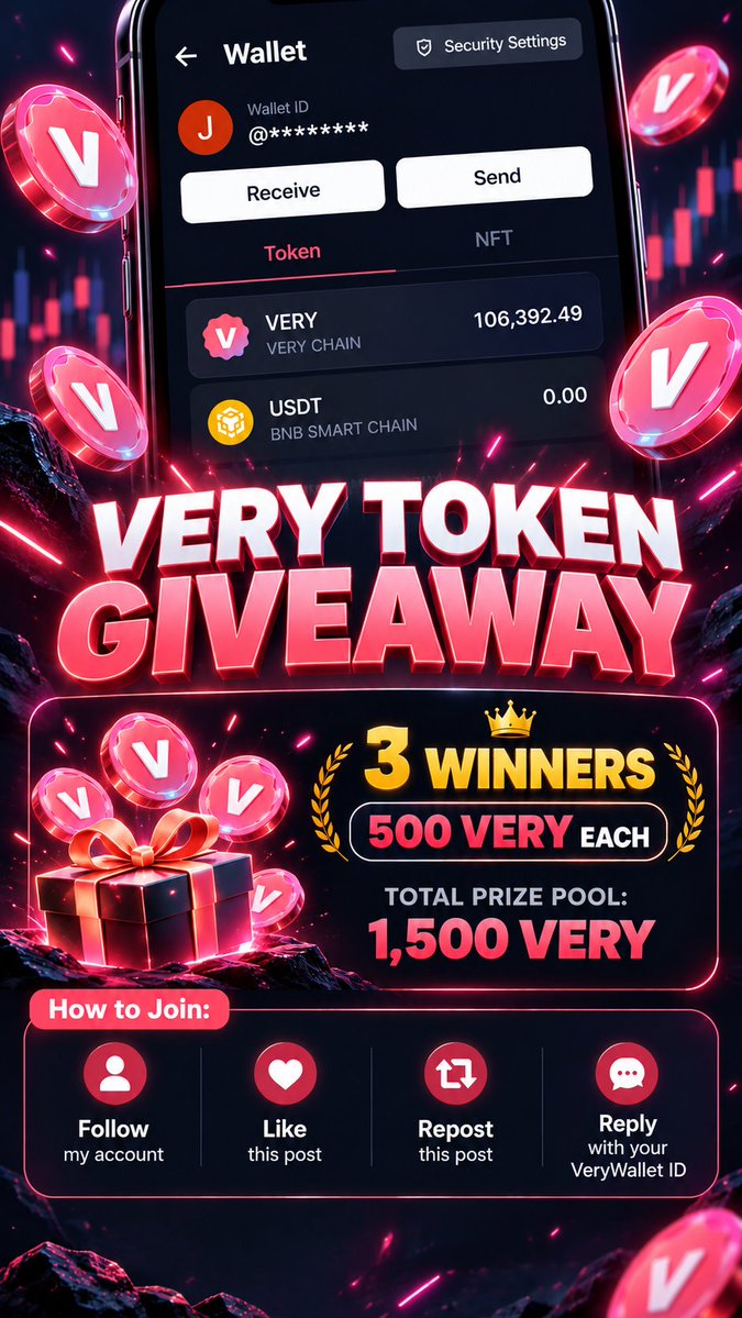 cryptowhizkid2's tweet photo. 🎁 🚀 VERY TOKEN GIVEAWAY!

🏆 3 Lucky Winners
💰 500 VERY each
🎁 Total Prize Pool: 1,500 VERY

📌 HOW TO JOIN
✅ Follow @cryptowhizkid2
❤️ Like this post
🔁 Repost this post
💬 Reply with your VeryWallet ID

⏰ GIVEAWAY DEADLINE
📅 October 14, 2026 — 9:00 PM (Hungary time)

🏆 Winners will be selected randomly and announced after the giveaway closes.

RULES
• One entry per person.
• Only valid VeryWallet IDs are eligible.
• Never share your seed phrase or private keys.
• No purchase necessary.

Good luck, everyone! ❤️ Let's grow the #VERY community! 🚀

#VERY #VeryChat #CryptoGiveaway