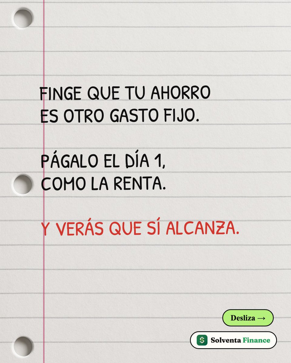 solventafinance's tweet photo. 📝 Finge que tu ahorro es otro gasto fijo. Págalo el día 1, como la renta. No lo dejes para el final del mes, porque al final del mes nunca sobra nada.

Y verás que sí alcanza. App Store · Google Play · https://t.co/Cah8mYJVed

#solventafinance #Ahorro https://t.co/dw73Gl7yq3