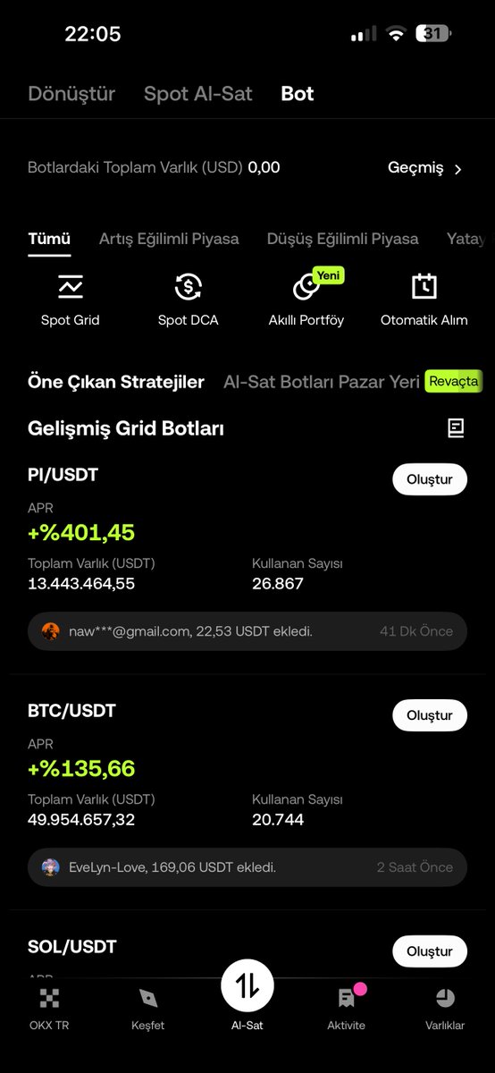 kriptoloki's tweet photo. Şu al-sat botları özellikle yatay piyasalarda çok işime yarayabilecek sistemlerden biri. Sürekli ekran başında oturup BTC’nin yükselmesini veya düşmesini beklemek yerine belirlediğiniz fiyat aralıklarında otomatik alım-satım yaptırabiliyorsunuz.

Bugün sizlerle @OKXTurkiye üzerinden BTC/USDT Grid Bot oluşturacağız. Ben de örnek olması için 170$ yatırarak bir bot oluşturdum.

Nasıl yapıyoruz?

📌 1- Öncelikle OKX TR uygulamasını açıyoruz.

Ana ekrandaki Botlar sekmesine giriyoruz. Burada öne çıkan stratejiler ve Al-Sat Botları Pazar Yeri karşımıza çıkıyor.

İsterseniz mobil uygulamadan isterseniz web sitesi üzerinden aynı işlemleri yapabilirsiniz.

📌 2- BTC/USDT Grid Botunu seçiyoruz.

Öne çıkan stratejiler bölümünden gelişmiş Grid Botları inceleyebilirsiniz.

Ben BTC/USDT işlem çiftini tercih ettim. Bu saatten sonra BTC'ciyiz sadece.

Grid Botun mantığı aslında çok basit. Belirlenen fiyat aralığında BTC düştüğünde alım, yükseldiğinde satış yapmaya çalışıyor.

Yani bizim sürekli ekran başında emir girmemize gerek kalmıyor.

📌 3- Yatırım miktarını belirliyoruz.

BTC/USDT için benim seçtiğim botta minimum yatırım tutarı 162,8$ olarak gözüküyordu.

Ben biraz üzerine çıkarak 170 USDT yatırdım.

Burada önemli bir detay var. Her işlem çiftinin ve bot stratejisinin minimum yatırım miktarı farklı olabiliyor.

📌 4- Botumuzu oluşturuyoruz.

Yatırım miktarını girdikten sonra Onayla butonuna basıyoruz.

Ve işlem tamam. Artık botumuz belirlenen strateji doğrultusunda otomatik alım-satım yapmaya başlıyor.

📌 5- Peki botun ne kadar kazandırdığını nereden göreceğiz?

Tekrar Al-Sat Botları bölümüne giriyoruz.

Üst taraftaki Botlardaki Toplam Varlık kısmından aktif botlarımızı ve günlük kâr/zarar durumlarını takip edebiliyoruz.

İstersek Daha Fazla bölümünden botumuzu duraklatabiliyor veya tamamen durdurabiliyoruz.

Şimdi gelelim en önemli meseleye.

Grid Botlar özellikle fiyatın belirli bir aralıkta gidip geldiği piyasalarda avantaj sağlayabiliyor.

Ancak BTC sert düşerse bot zarar edebilir. Fiyat belirlenen aralığın dışına çıkarsa işlemler de stratejiye göre durabilir.

Yani bot kullanmak risksiz veya garanti kazanç anlamına gelmiyor.

Benim burada asıl merak ettiğim şey 170$ ile oluşturduğum BTC/USDT botunun önümüzdeki günlerde nasıl performans göstereceği.

Bunu da sizlerle paylaşacağım dostlar. 😃

Bakalım manuel işlem yapmak mı yoksa bot kullanmak mı daha verimli olacak?

Aranızda Grid Bot kullanan var mı? Deneyimlerinizi yorumlara yazın.

Yatırım tavsiyesi değildir. Botların kar garantisi bulunmaz, kendi araştırmanızı mutlaka yapın dostlar.