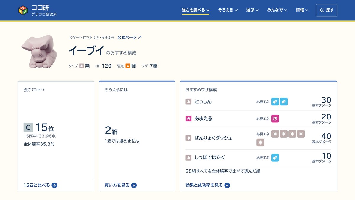 korokenjp's tweet photo. キャラコロ紹介：イーブイ（スタートセット05）

Tier C・15匹中15位、全体勝率35.3%。得意はゲンガー（60.9%）、苦手はイワーク（12.8%）。
おすすめワザ：とっしん・あまえる・ぜんりょくダッシュ・しっぽではたく
詳しくはサイトをご覧ください。

https://t.co/4k2nxx8fmp #プラコロ https://t.co/oGIFXHMd37
