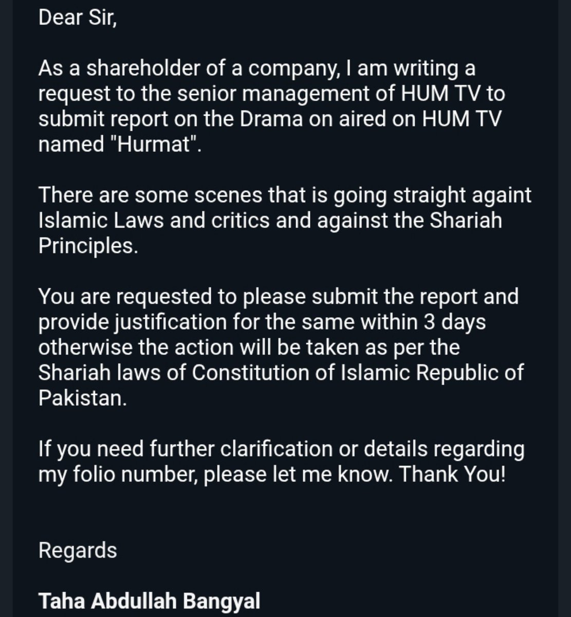 tahabangyal's tweet photo. @iammuhammadafaq @reportpemra Already sent an order to the Secretary @Humtvnetwork to submit report to me regarding this Drama.

#BanHurmat https://t.co/veOYHP6O0x