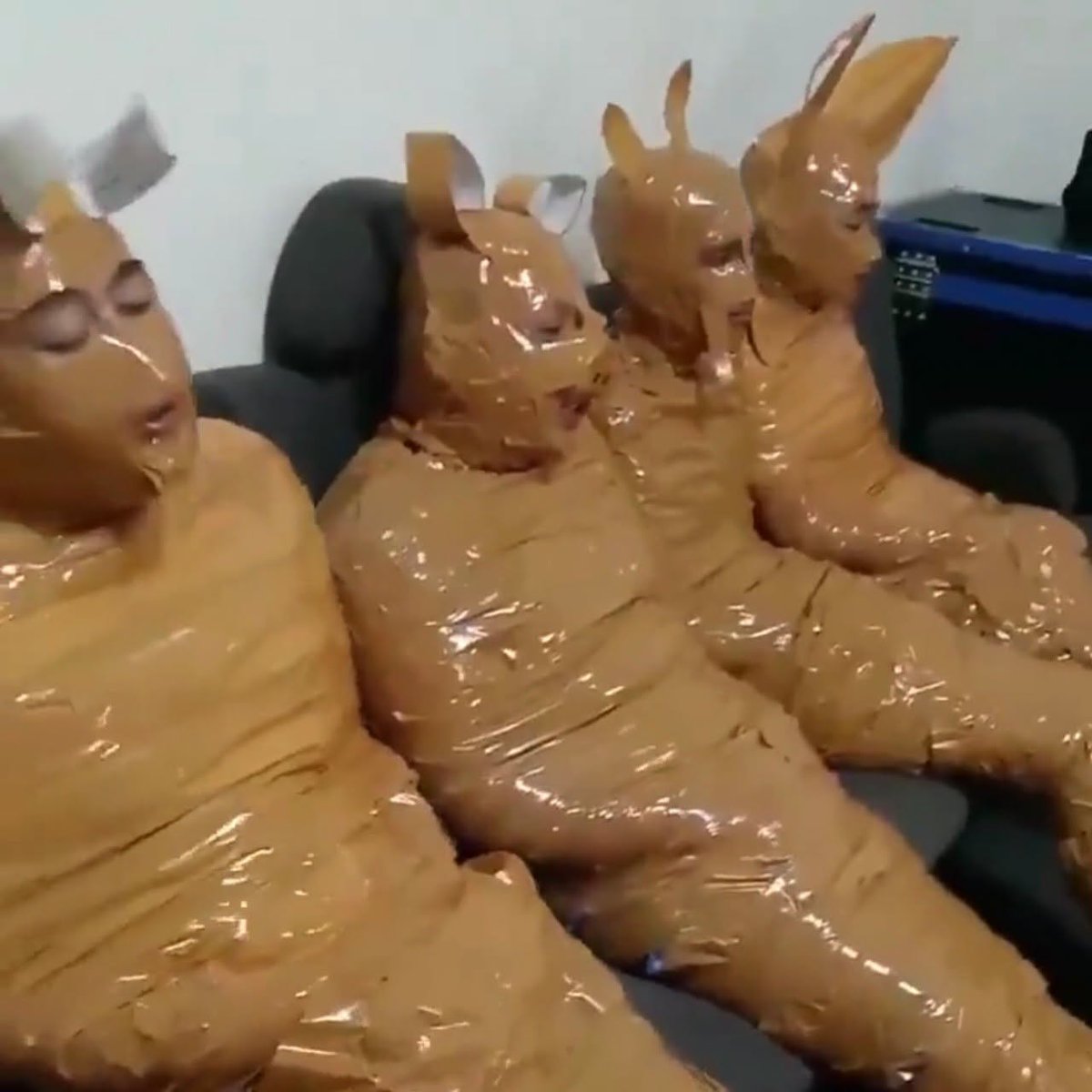 333too3's tweet photo. In Indonesia, fed-up homeowners and neighbors caught four suspected thieves in an ambush, wrapped them in duct tape, and dressed them as Teletubbies before handing them over to police https://t.co/JeMVu3Tqce