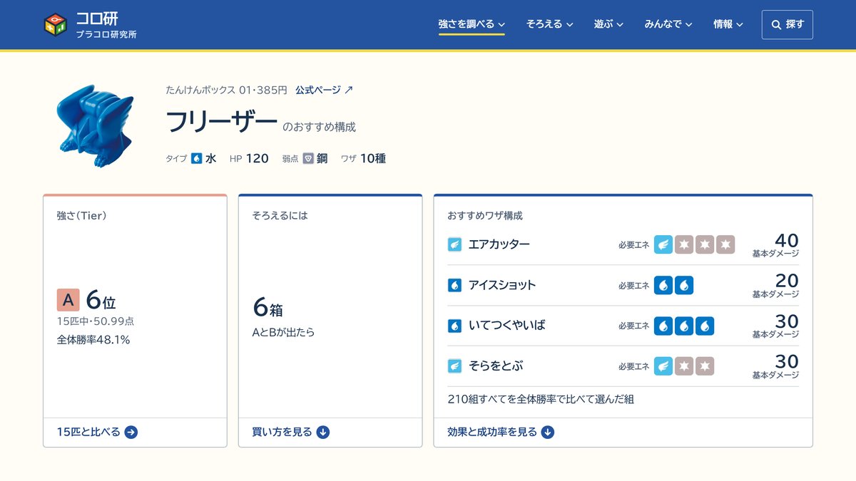 korokenjp's tweet photo. キャラコロ紹介：フリーザー（たんけんボックス01）

Tier A・6位、全体勝率48.1%。得意はカイロス（73.9%）、苦手はメタグロス（19.8%）。
おすすめワザ（A/B混合）：エアカッター・アイスショット・いてつくやいば・そらをとぶ
詳しくはサイトをご覧ください。

https://t.co/UsPptAmFFC #プラコロ https://t.co/fIEP7VsQ69
