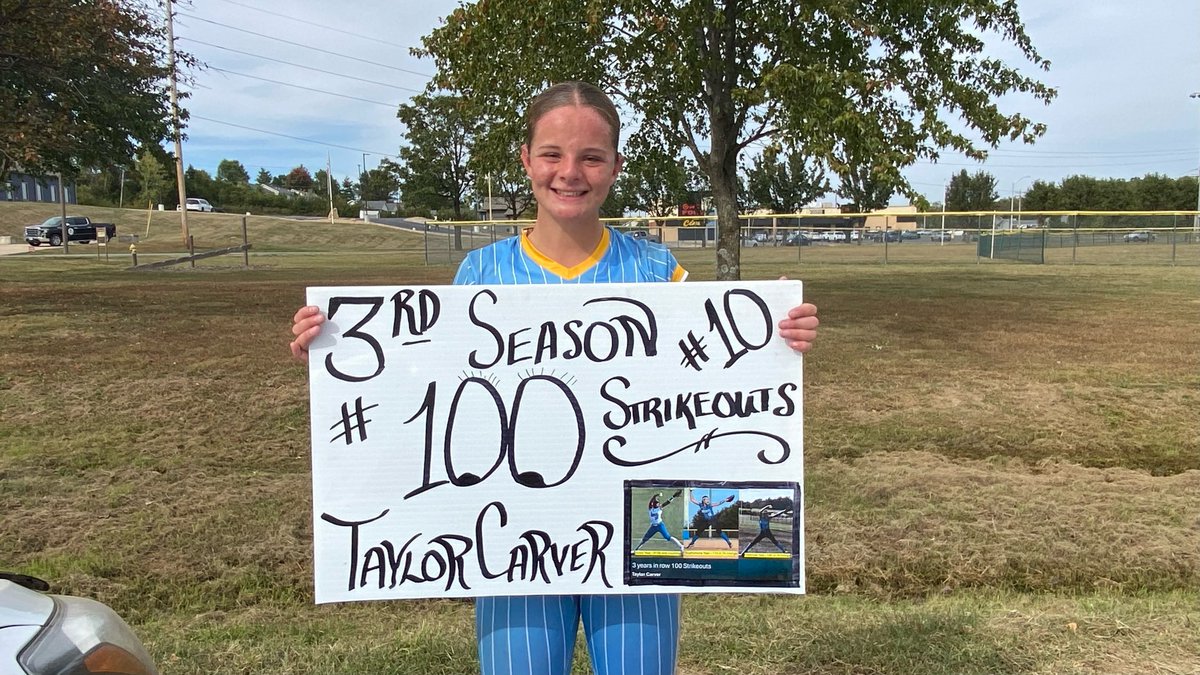TaylorCarver00's tweet photo. Yesterday during the Rolla Tournament I hit my 100 career hits on a homerun. I also got 3rd time in a row 100 strikeouts for pitching for high school ball. Thank you to all my teammates and coaches! Thank you @GreinerSoftball and @hittingdevelop for helping me get here. https://t.co/h69osMPJEf