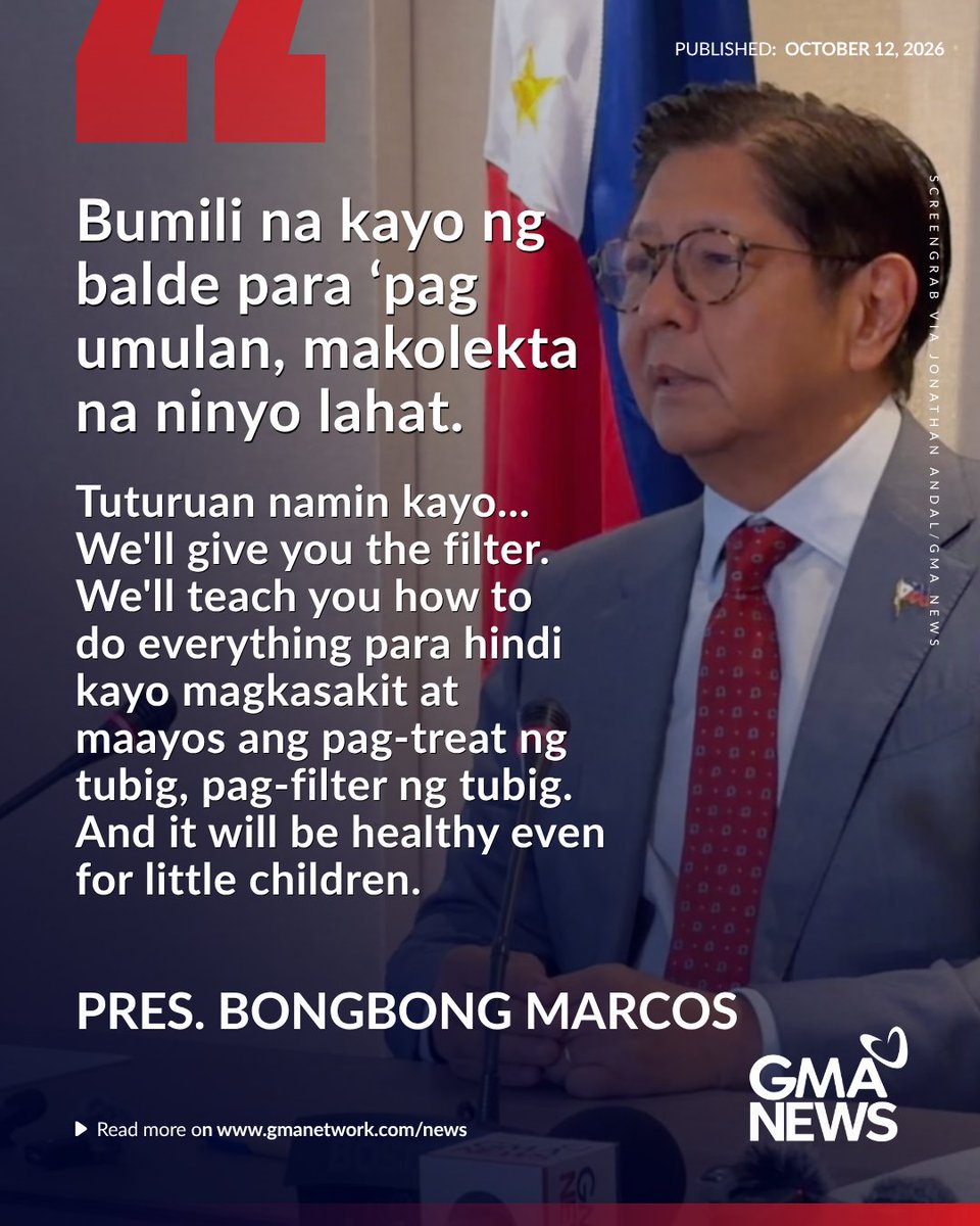 gmanews's tweet photo. 'BUMILI NA KAYO NG BALDE PARA 'PAG UMULAN, MAKOLEKTA NA NINYO LAHAT'

Hinikayat ni Pangulong Bongbong Marcos ang publiko na mangolekta ng tubig-ulan bilang paghahanda sa Super El Niño. 

Sabi ni Marcos, bibigyan ng gobyerno ang publiko ng pang-filter at tuturuan kung paano malinis ang inipong tubig-ulan.

Magsasagawa rin daw ng cloud-seeding operations ang pamahalaan. | via Jonathan Andal/GMA News

Bisitahin ang https://t.co/bAMF9JO2Xs para sa updates.