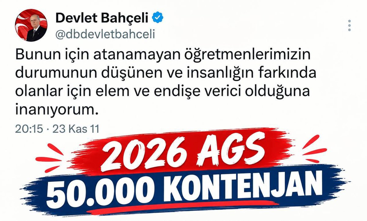 CakirogluSlck's tweet photo. Türkiye Yüzyılı vizyonunda sahadaki kadro açığı kapatılmalıdır. BIR SOZUN YETER Sayın Bahçeli. Yüce desteğinizle 2026 AGS ile 50 BIN KONTENJAN verilmesi OGRETMENLERIN KALBI içindir. @Yusuf__Tekin @cevdetyilmaz #TürkmenbeyiAgs50Bin https://t.co/6Un1E6bDR6