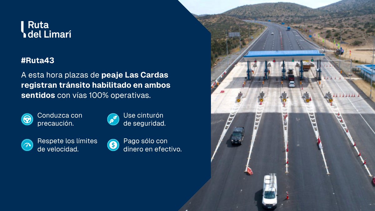LimariRuta's tweet photo. #RutaDelLimarí 👉 A esta hora plazas de peaje #LasCardas registran tránsito habilitado en ambos sentidos. 💵 Recuerda que el pago del peaje es sólo en efectivo, y es mucho más rápido si llevas sencillo. El uso del cinturón de seguridad es obligatorio. #Ruta43 #LaSerena #Coquimbo https://t.co/ZpJDt4eUw5