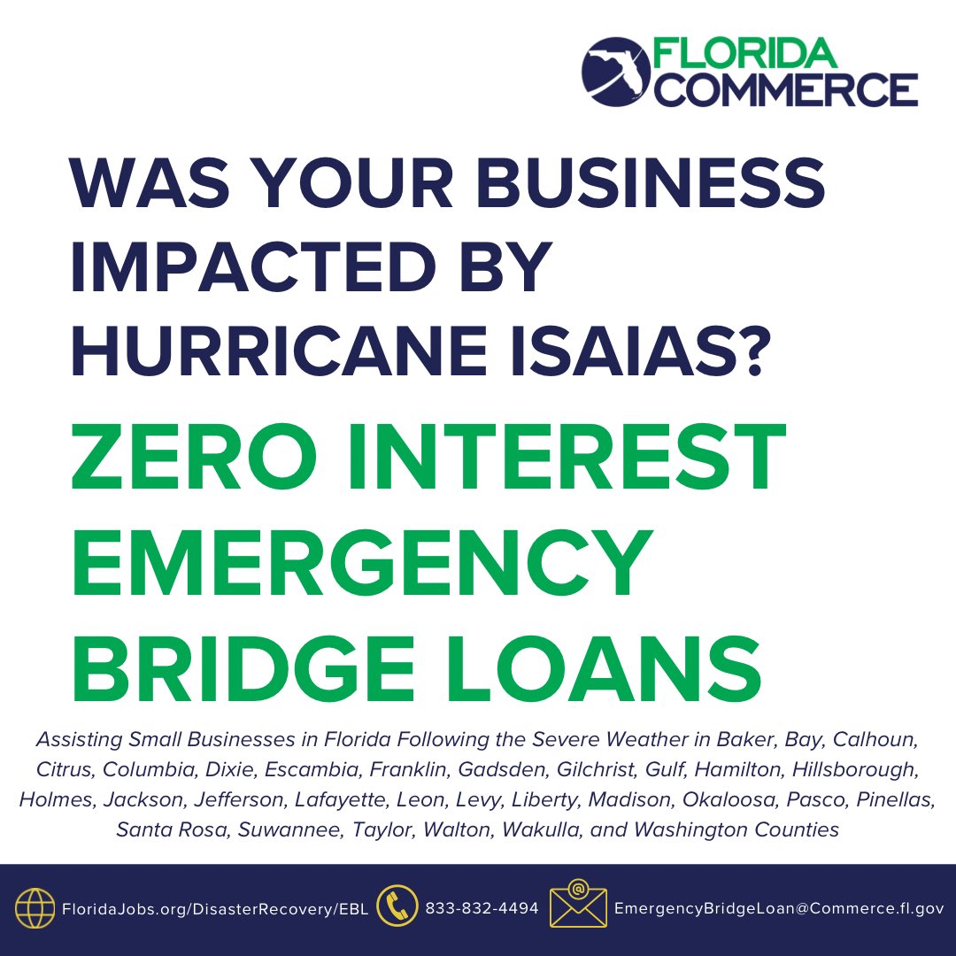 FLACommerce's tweet photo. 🚨@FLACommerce has activated the Florida Small Business Emergency Bridge Loan Program, making $10 million available for businesses impacted by Hurricane Isaias!

Small business owners in need of assistance are encouraged to visit >> https://t.co/lzUKwqZy7I https://t.co/igMr5CAV2H