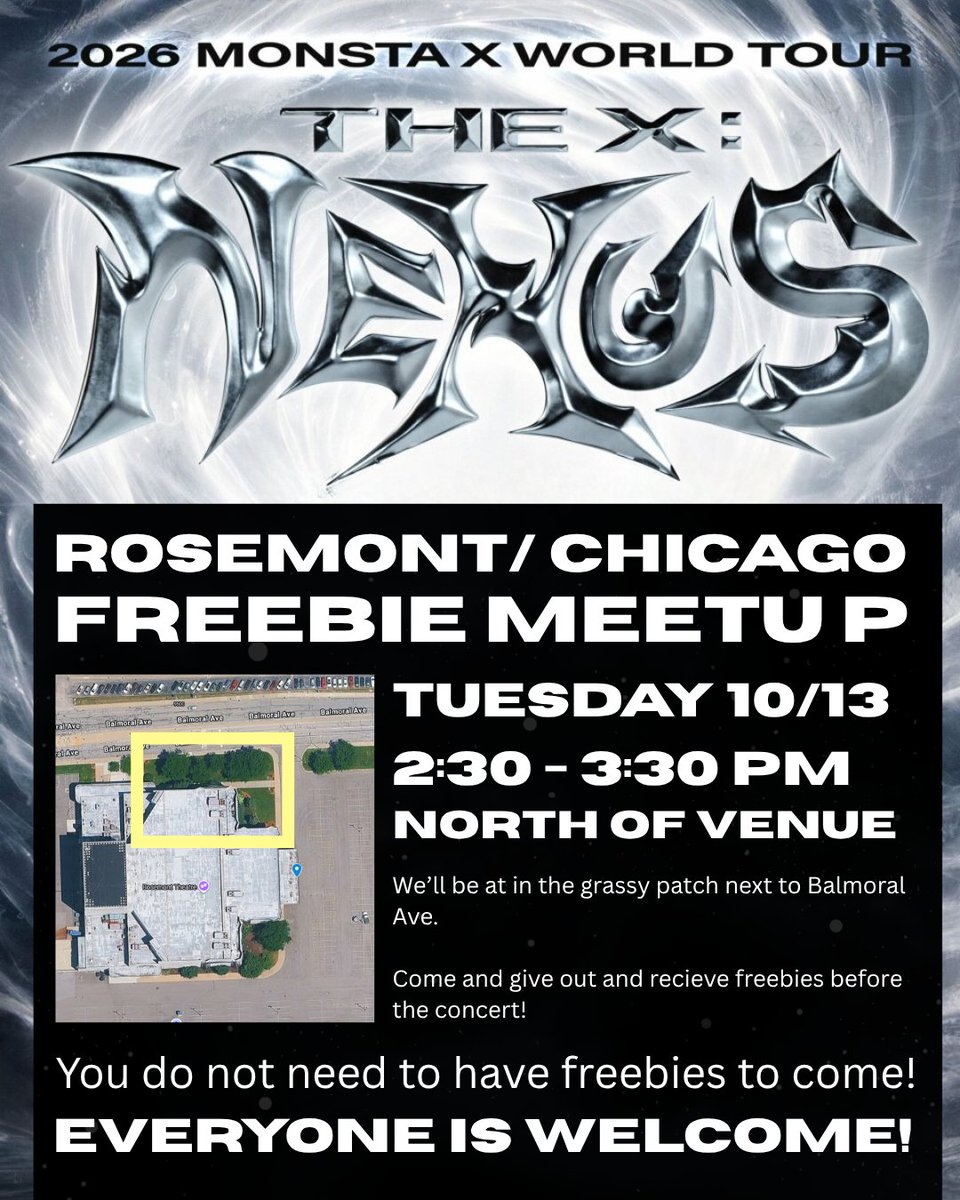 SamSoooook's tweet photo. 📣 CHICAGO MONBEBE! FREEBIE MEETUP!

Going to see MONSTA X in Chicago? Come hang out with fellow Monbebe before the concert! 💛

📅 Tuesday, October 13
⏰ 2:30–3:30 PM
📍 North of the venue, in the grassy area next to Balmoral Ave. (See map for exact location!) https://t.co/0k9H3WGDQV