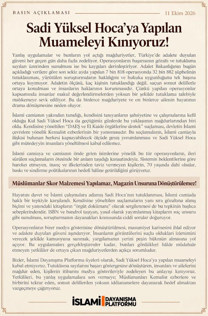 dailyislamist's tweet photo. 🗣️ İslami Dayanışma Platformu:

"Müslümanları kemalist ezberlere ve birbirini tekrar eden somut delillerden yoksun iddianamelere dayanarak hedef almaktan vazgeçin" https://t.co/FUwiXg3UiG