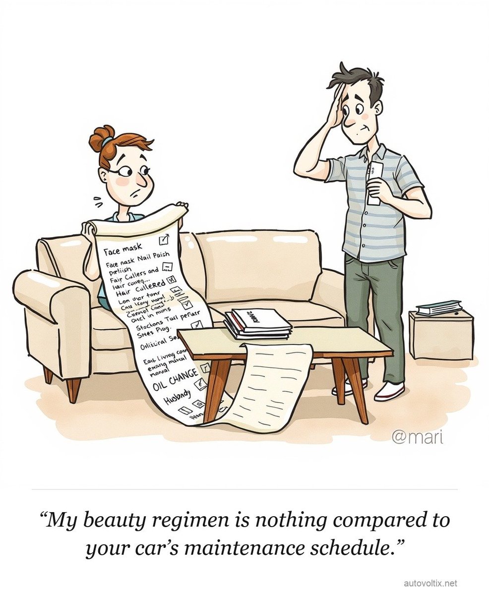 AutoVoltix's tweet photo. My beauty regimen is nothing compared to your car's maintenance schedule.

#CarMaintenance #BeautyRegimen #OilChange #RelationshipHumor

👉 https://t.co/cVNJNfaevP https://t.co/mRjjCY5IFl