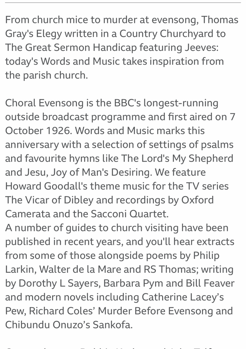 patrick_kidd's tweet photo. This evening’s Words and Music on @BBCRadio3, always a great programme, is simply divine. Some brilliant selections to celebrate the parish church. Highly recommend if you want 75 minutes of peace in a noisy week

https://t.co/3esULc0kvw https://t.co/nGdwVXMJBp