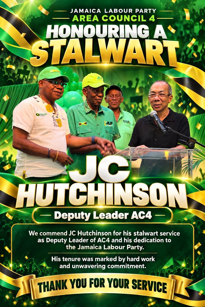 Chrisoregano's tweet photo. Honouring a stalwart! 💚🇯🇲

Thank you, JC Hutchinson, for your dedicated leadership of Area Council 4 and unwavering service to the Jamaica Labour Party. We salute your hard work, commitment and lasting contribution.

#ThankYouJC #AC4 #JLP https://t.co/0zvjb7DBuE