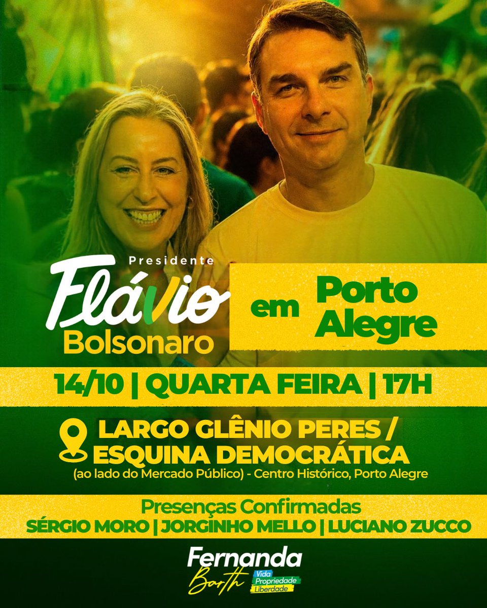 fernandabarth's tweet photo. Quarta-feira é dia de Porto Alegre mostrar a força do Rio Grande do Sul. 🇧🇷
Flávio Bolsonaro vem a Porto Alegre, e a gente vai encher o Centro Histórico pra recebê-lo, no coração da cidade, ao lado do Mercado Público.
📍 Largo Glênio Peres / Esquina Democrática
🗓️ Quarta, 14/10
⏰ 17h
Presenças confirmadas: Sérgio Moro, Jorginho Mello e Luciano Zucco.

E o dia começa cedo! De manhã tem o Adesivaço das Gurias, pra todo mundo chegar de carro adesivado e bandeira na mão:
🚗 Das 7h30 às 9h, no estacionamento do Parcão (Mostardeiro com Goethe)
Adesiva de manhã, vem pra rua de tarde. 

Chama todo mundo pra ver o nosso próximo presidente!