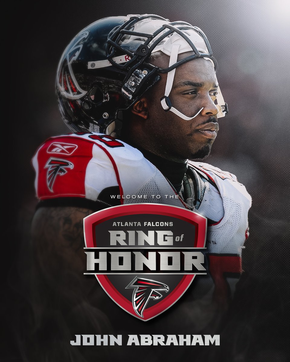AtlantaFalcons's tweet photo. Official Falcons all-time leader in sacks
3rd-most TFL in club history
5x Pro Bowler
3x All-Pro

Falcons Ring of Honor inductee, John Abraham! https://t.co/oYYnJ7wEeO