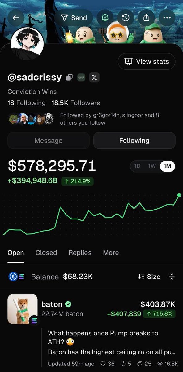 PumpfunEco's tweet photo. Trader @sadcrissy enters the monthly top 3 for the first time 🥉

Now at #3 with $394,000 in profit as $baton hits a new all-time high! https://t.co/f9cAb0i3q4