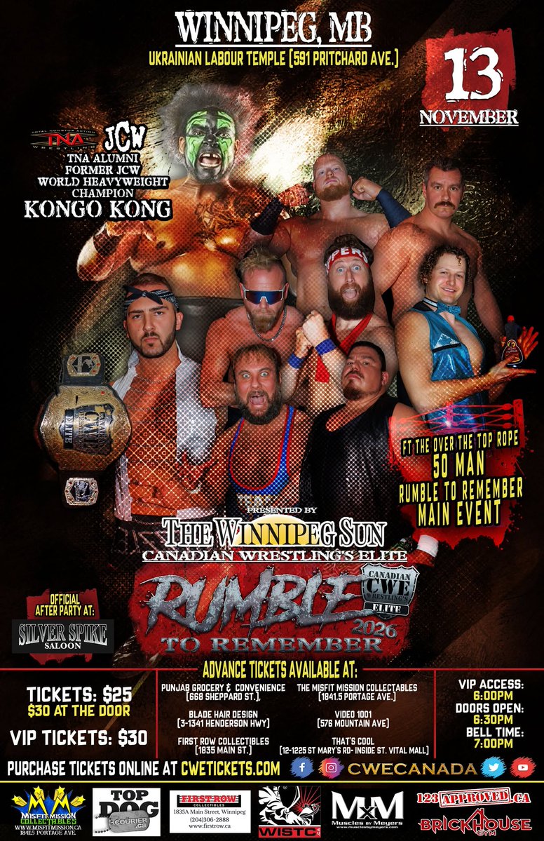 CWECanada's tweet photo. Nov 13 @CWECanada Winnipeg, Manitoba

Ft The 50 Man Rumble To Remember, @RealKongoKong @HotshotDannyD @FirstRowCollect @sammypeppers_ @ronnieattitude @projacobcreed @TGCTS @OutlawAK @kevinjhcannon @CanadianGooseKS @CrudeOilCodyMac @AdrienBB_Burton @josh_cheeks @MervungerJr &amp; more https://t.co/5Rp31yMgMw