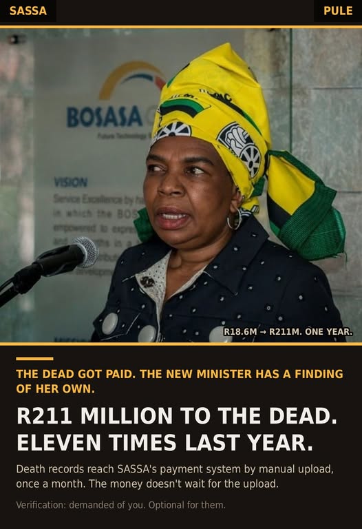 Lolita721611021's tweet photo. 🇿🇦R1.33 BILLION GONE. THE DEAD GOT PAID. GOVERNMENT EMPLOYEES GOT GRANTS. AND A "CORRUPT" MINISTER GOT THE KEYS TO SASSA‼️

SASSA paid approximately R1.33 billion in grants to ineligible beneficiaries in 2025/26: R211 million to the dead, R266.8 million to government employees, R235.1 million involving GEPF records, R604.3 million tied to incomplete databases, and R18.9 million involving invalid identity documents.

The 2025/26 financial year ended under Sisisi Tolashe's tenure as Social Development Minister. Ramaphosa dismissed her in May 2026 amid controversy over two luxury vehicles reportedly intended for the ANC Women's League, and CR gave no reasons. The department now has a new minister whose own past includes serious findings by the Public Protector and Parliament's ethics committee.

Ramaphosa appointed Dina Pule in July 2026. She arrives with a public record of her own. In 2013, Public Protector Thuli Madonsela investigated allegations of maladministration, corruption and conflicts of interest involving Pule's tenure as Communications Minister. Ramaphosa reappointed this lady Dina Pule as Minister of Social Development, the same Dina Pule who was fired by former President Zuma because she gave her boyfriend R6 million from the Department of Communications when she was the Minister of Communications. Ramaphosa has now recycled a known corrupt ANC cadre & made her minister again.