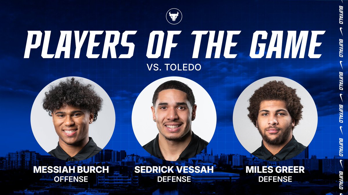 UBuffaloFB's tweet photo. Congrats to our Players of the Game for our win over Toledo!
#UBhornsUP๐ค | #BullMarket๐ https://t.co/f7dUV1Q3i1