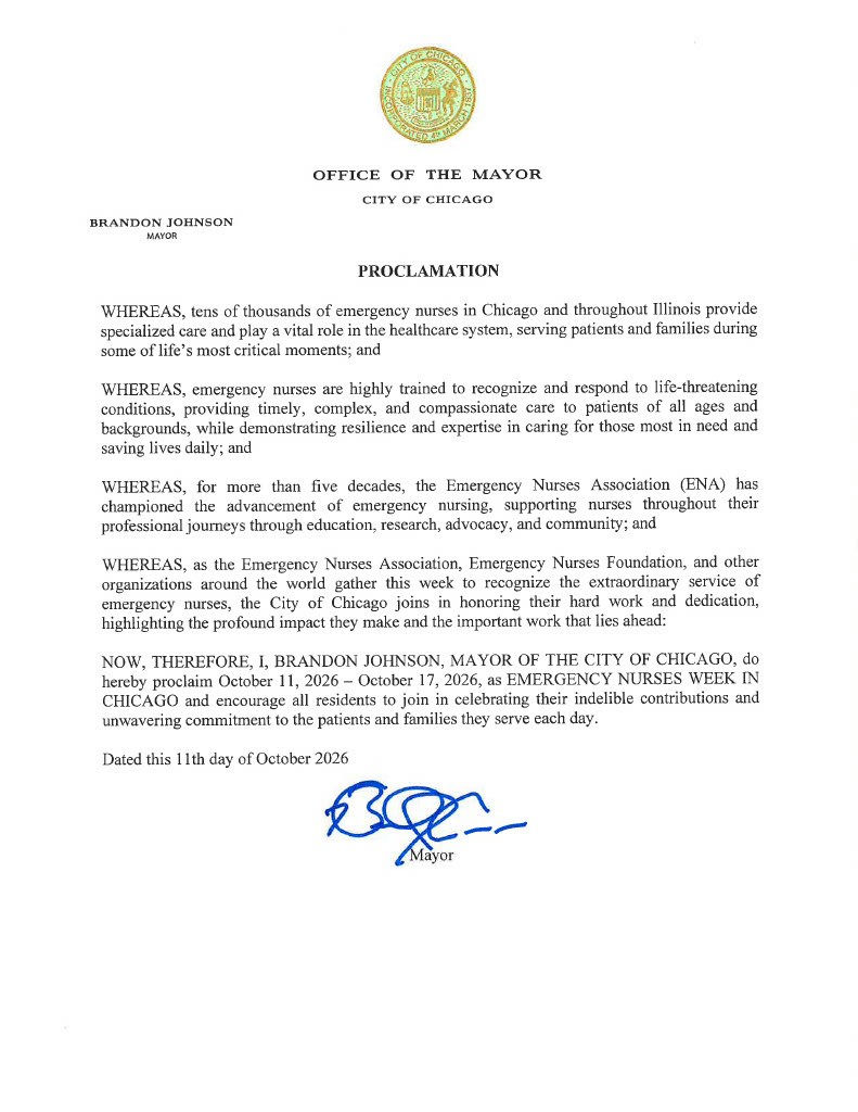 ENAorg's tweet photo. Happy Emergency Nurses Week! The ENA Headquarters��� hometown of Schaumburg, the City of Chicago, Cook County and the State of Illinois have officially proclaimed Oct. 11-17 as Emergency Nurses Week 2026. #ENWeek

Did your city or state do the same? Post your local proclamations here ⬇️