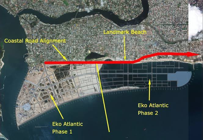 UchePOkoye's tweet photo. I visited this coastal road to fully understand the reason for the project. 

Let me tell you guys! This project was solely to upscale the properties here, particularly the Eko Atlantic City 2.0. 

If you watch the video you will see the sand filling going on. 

Watch the video and see the image to understand the game plan.

All these peasants defending this online can never be able to own property here. 
This is a project for certain cabals in the underworld.