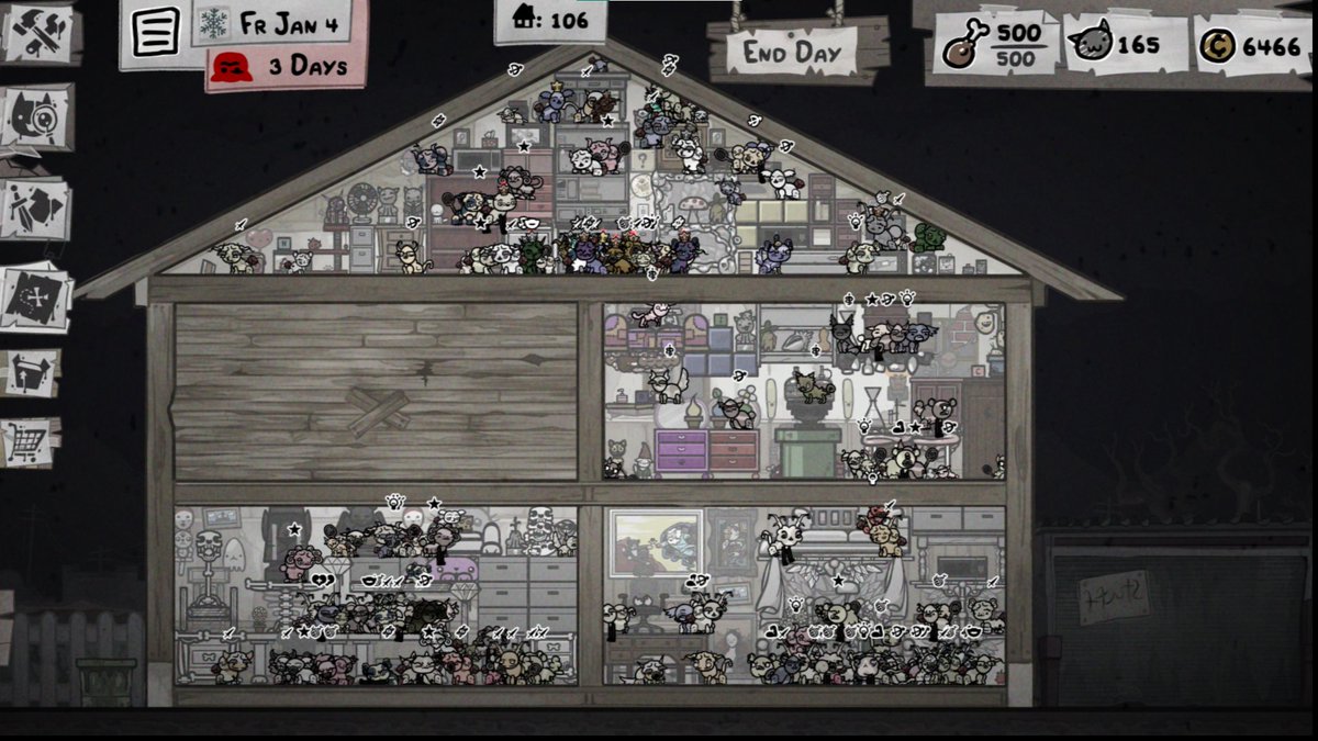 salaMenzi's tweet photo. @TylerGlaiel Hovers between 150-200, with 4/5 rooms until just now.
Next Day:
18 kittens born, mostly from the attic.
13 fights, 4 deaths (dedicated fight room, fights minimized elsewhere)
I rarely have cats die of old age because old age cats usually get donated to Butch/Frank https://t.co/lx26yxj2ru