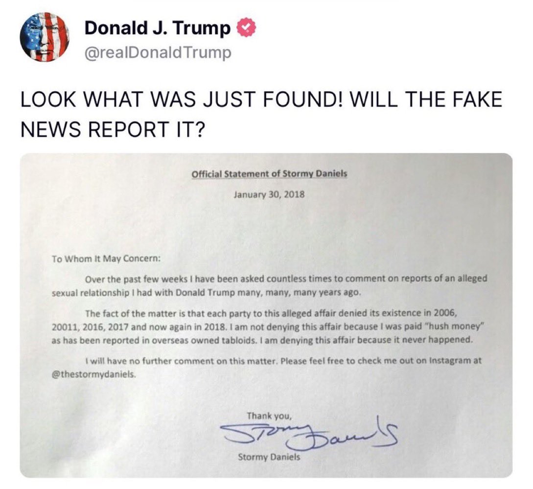 ConstitustionX's tweet photo. 🔥🚨 THEY CENSORED THIS AND TRIED TO BURY IT 🚨🔥
Judge Merchan FORCED President Trump to DELETE this post… then slapped him with a $9,000 fine.
They were TERRIFIED of this getting out.
👇 THIS is what they didn’t want you to see 👇
[Image of Trump’s post + Stormy Daniels’ 2018 statement denying the affair ever happened]
Stormy Daniels herself signed a statement saying the affair NEVER HAPPENED.
Not because of hush money.
Because it never happened.
They gagged Trump.
They forced the deletion.
They hit him with a fine.
And the media stayed silent.
Why?
Because this blows up the entire narrative they used to convict him.
They don’t want this circulated.
They never did.
Share this before they try to scrub it again. 🔥
What else are they hiding? 👀